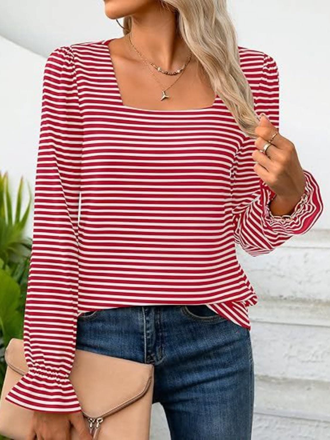 Chic striped flounce sleeve top - Love Salve
